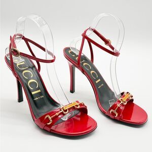 Gucci Moorea Horsebit Hibiscus Red Patent Leather Heeled Ankle Wrap Sandals EU38